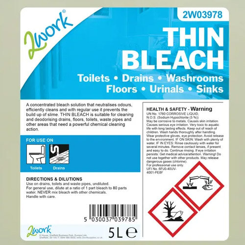 2Work Thin Bleach Cleaner 5 Litre Pack 1 2W03978