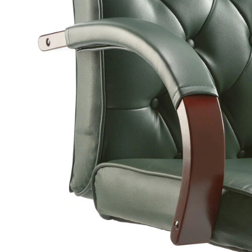 Chesterfield Traditional Executive Office Chair, Green Leather Seat & Back - Fixed Wooden Padded Arms, 5-Star Base Additional Image 2