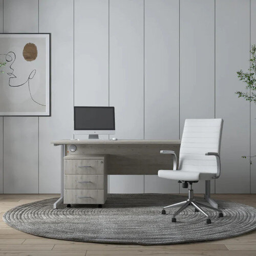 Ezra Executive Office Chair, White Leather Seat & Back, Chrome Base - Fixed Padded Arms for Comfort 3 Year Warranty - chair and desk