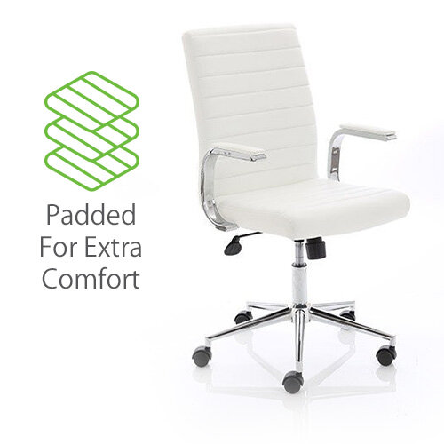 Ezra Executive Office Chair, White Leather Seat & Back, Chrome Base - Fixed Padded Arms for Comfort 3 Year Warranty - Padded for extra