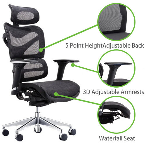 Dorsum Executive Ergonomic Mesh Posture Office Chair - Adjustable Headrest - Adjustable Lumbar Support -  Modern Design - Black - measurements