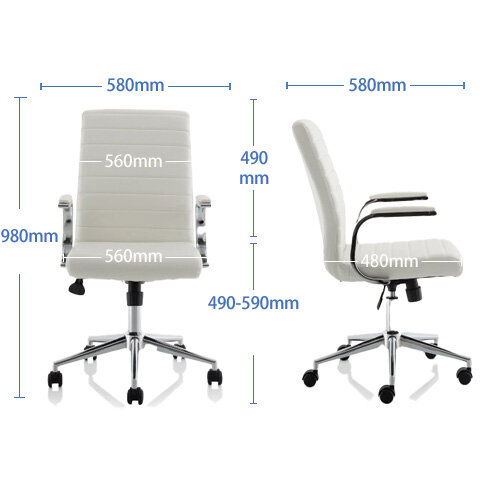 Ezra Executive Office Chair, White Leather Seat & Back, Chrome Base - Fixed Padded Arms for Comfort 3 Year Warranty Seat Tilt Mechanism - dimensions