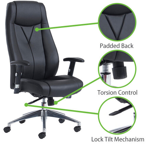 Odessa High Back Executive Office Chair - Chrome 5-Star Base - Height Adjustable Padded Arms - Gas Lift Height Adjustment - Black - Highlighted Features