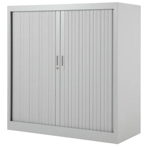 Steel Open Tambour 1050 mm H x 1050 mm W x 450 mm D in Grey, Lockable Side Opening Shutter Doors, Includes 2 Shelves, 5 Year Guarantee Additional Image 2