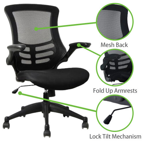 Side View Deluxe Executive High Back Mesh Office Chair with Fold-Up Armrests, Tilt Back, Adjustable Padded Seat in Black - Ergonomic Comfort for Workspaces - breathable mesh - Highlighted Features