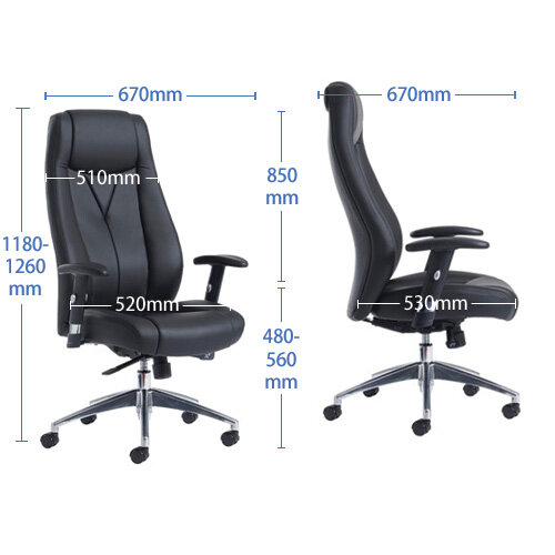 Odessa High Back Executive Office Chair - Chrome 5-Star Base - Height Adjustable Padded Arms - Gas Lift Height Adjustment - Black - Dimensions