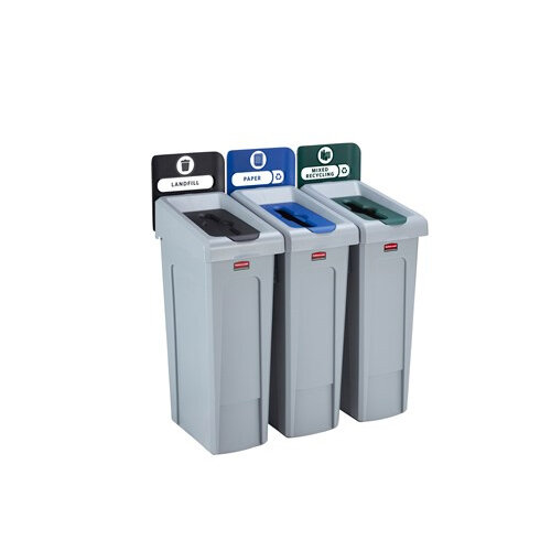 Rubbermaid Slim Jim Recycling Station Bundle 3 Stream Landfill (Black) & Paper (Blue) & Mixed Recycling (Green)