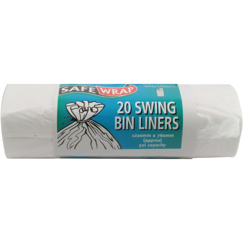 Safewrap Standard Bin Liners Singlke Wrapped Roll - 50L - White - 20 per Roll 