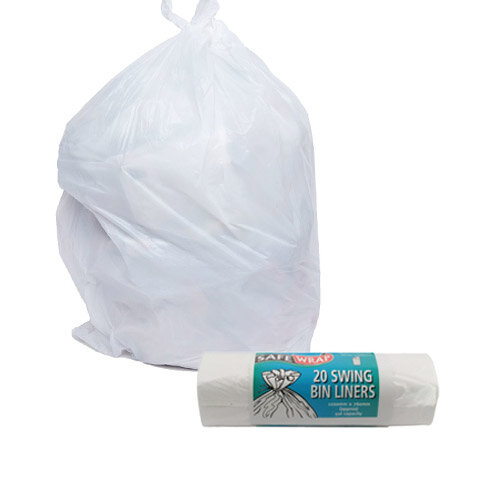 Safewrap Standard Bin Liners Pack of 4 Rolls - 50L - White - 20 per Roll Full bag Standing with Single Roll of Bgs 