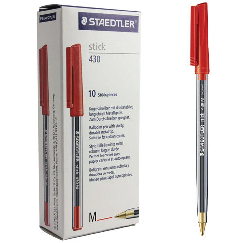 Staedtler 430 Stick Ball Pen Medium 1.0mm Tip 0.35mm Line Red Ref 430M-2 [Pack 10]