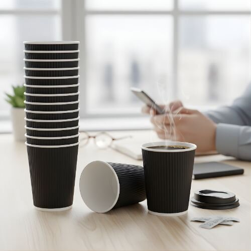 4Aces 12oz/350ml Black Ripple Disposable Hot Drink Paper Cups [Pack of 500]