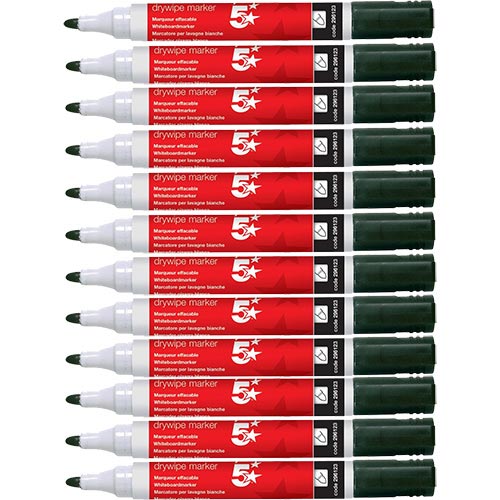 5 Star Black Drywipe Markers Bullet Tip Pack 12