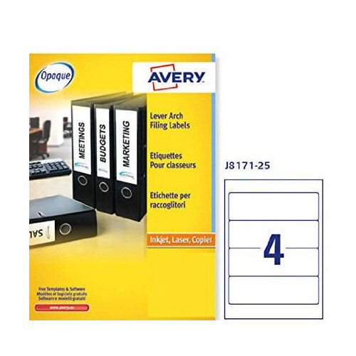 Avery Filing Labels Inkjet Lever Arch J8171-25 100 Labels