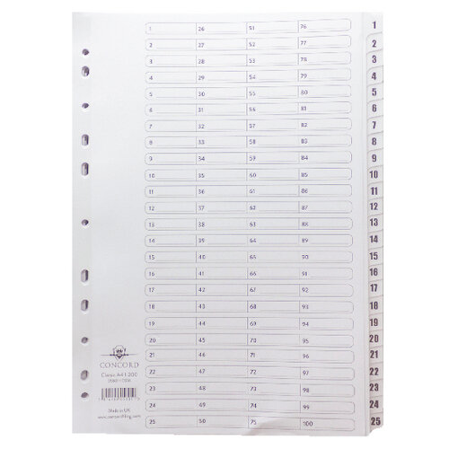 Concord 1-200 Index Reinforced 4 Holes A4 Subject Divider White