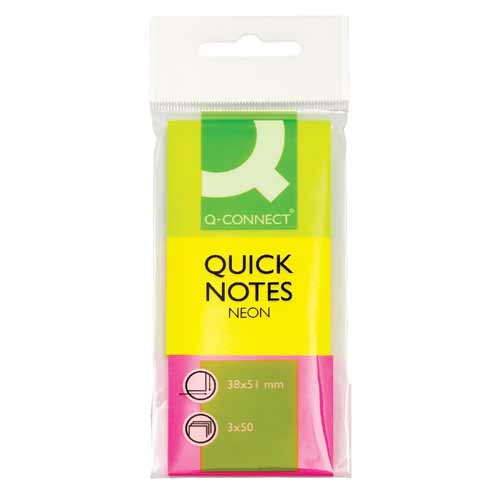 Q-Connect Quick Note Repositionable Pad 40x50mm Assorted Neon Pack of 3 Pads