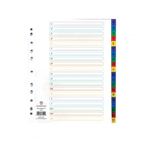 Concord Plastic A-Z Index Europunched Extra Wide A4 Subject Dividers Assorted