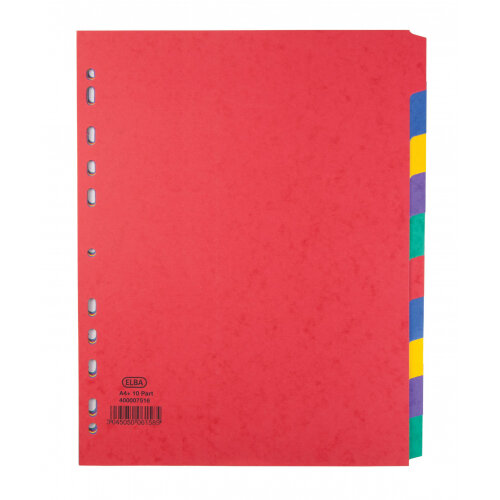 Elba Heavyweight 225gsm Pressboard Dividers Extra Wide Europunched 10-Part A4 Assorted Ref 400007516