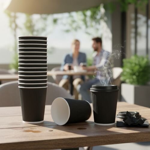 4Aces 8oz/250ml Black Ripple Disposable Hot Drink Paper Cups [Pack of 500]
