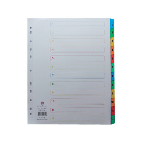 Concord 1-12 Index Extra Wide Multicolour Tabs Europunched A4 White ...