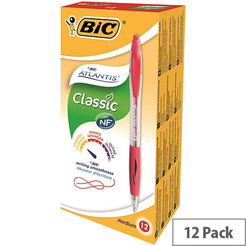 Bic Atlantis Retractable Ballpoint Pen Red Cushioned Grip Pack 12