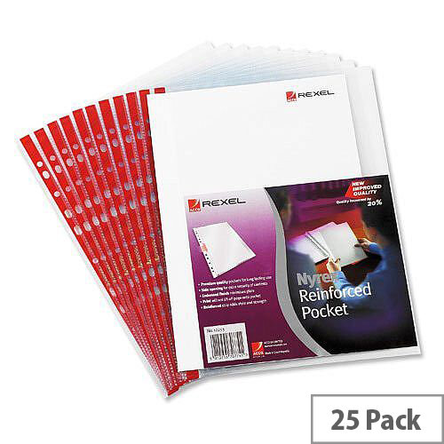 Rexel Side Opening Foolscap Pocket Red Strip Clear 90 Micron Pack 25