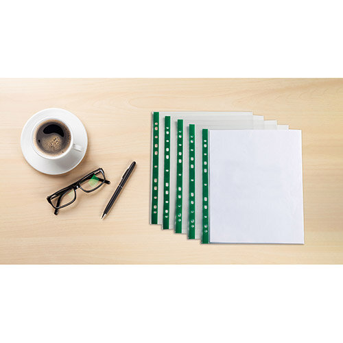 Elba Punched Pockets Glass Clear Green Strip A4 Ref 400002137 XX1220 Pack of 100 (2 for 1) Jan 12/20 Elba Punched Pockets Glass Clear Green Strip A4 Ref 400002137 XX1220 Pack of 100 (2 for 1) Jan 12/20