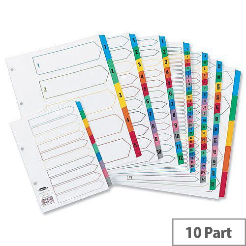 Concord A4 Index Multicolour Tabs 4 Holes 10-Part Subject Divider White