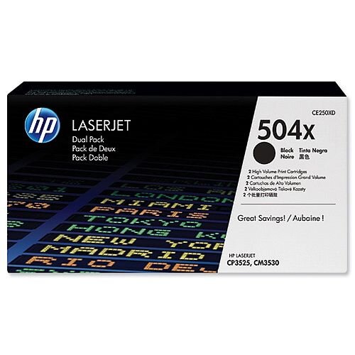 HP 504X 2-Pack Black High Yield LaserJet Toner Cartridges CE250XD HP 504X 2-Pack Black High Yield LaserJet Toner Cartridges CE250XD