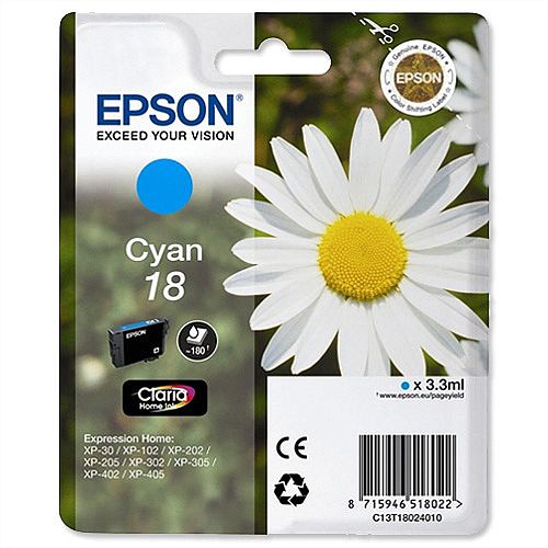 Epson T1802 Inkjet Cartridge Capacity 3.3ml Cyan Ref C13T18024010 C13T18024012 Epson T1802 Inkjet Cartridge Capacity 3.3ml Cyan Ref C13T18024010 C13T18024012