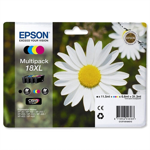 Epson 18XL Inkjet Cartridges High Capacity 31.3ml Black Cyan Magenta Yellow C13T18164010 Pack 4 C13T18164012 Epson 18XL Inkjet Cartridges High Capacity 31.3ml Black Cyan Magenta Yellow C13T18164010 Pack 4 C13T18164012
