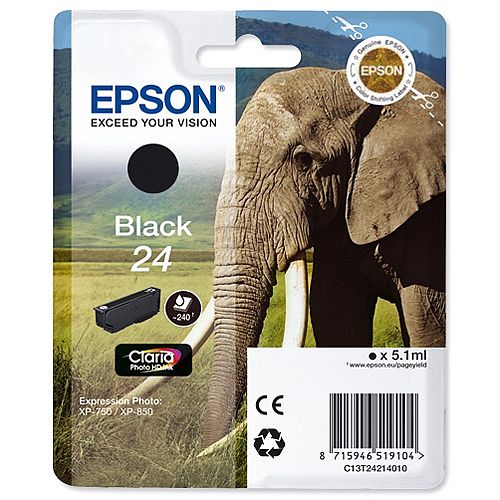 Epson 24 (T2421) Black Inkjet Cartridge Capacity 5.1ml Page Life 240pp Ref T24214010 C13T24214012 Epson 24 (T2421) Black Inkjet Cartridge Capacity 5.1ml Page Life 240pp Ref T24214010 C13T24214012