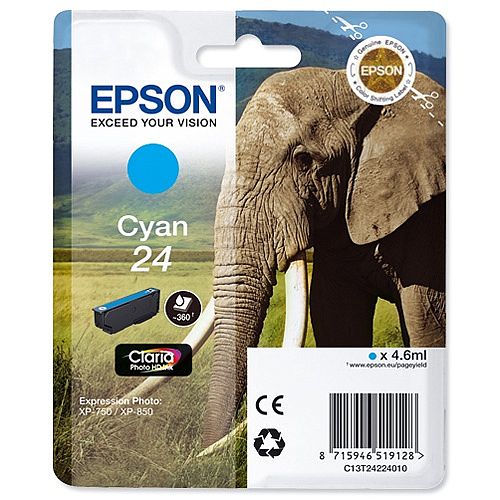 Epson 24 (T2422) Cyan Original Inkjet Cartridge Capacity 4.6ml Page Life 360pp Cyan Ref T24224010 C13T24224012 Epson 24 (T2422) Cyan Original Inkjet Cartridge Capacity 4.6ml Page Life 360pp Cyan Ref T24224010 C13T24224012