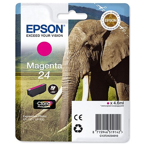 Epson 24 (T2423) Magenta Inkjet Cartridge Capacity 4.6ml Page Life 360pp Ref T24234010 C13T24234012 Epson 24 (T2423) Magenta Inkjet Cartridge Capacity 4.6ml Page Life 360pp Ref T24234010 C13T24234012