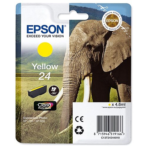 Epson 24 (T2424) Yellow Inkjet Cartridge Capacity 4.6ml Page Life 360pp Ref T24244010 C13T24244012 Epson 24 (T2424) Yellow Inkjet Cartridge Capacity 4.6ml Page Life 360pp Ref T24244010 C13T24244012