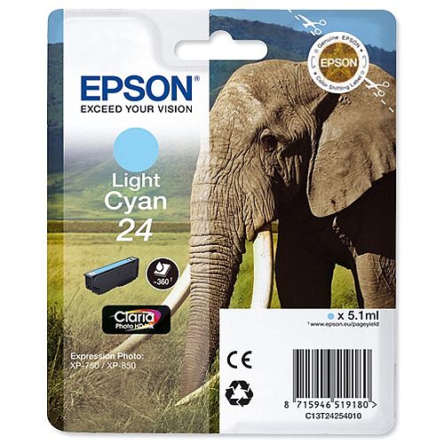 Epson 24 Inkjet Cartridge Capacity 5.1ml Page Life 360pp Light Cyan Ref T24254010 C13T24254012 Epson 24 Inkjet Cartridge Capacity 5.1ml Page Life 360pp Light Cyan Ref T24254010 C13T24254012