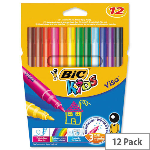 Bic Kids Visa Felt Tip Pens Washable Fine Tip Assorted Pack 12