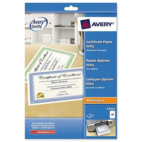 Cotton A4 Green Border Certificate Paper 50percent  Ref C2426 Pack 10 Avery