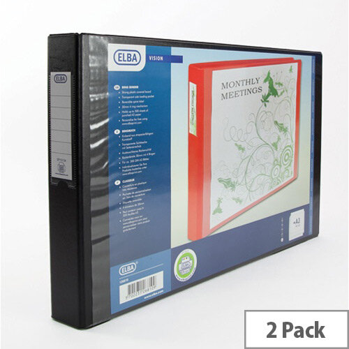 Elba Vision Ring Binder PVC Front Pocket 4 O-Ring A3 Landscape Black Ref 100082459 [Pack 2]