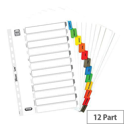 Elba Dividers Europunched Jan-Dec with Coloured Tabs A4 White Ref 100204963 Elba Dividers Europunched Jan-Dec with Coloured Tabs A4 White Ref 100204963