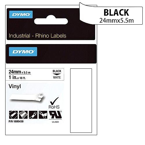 Dymo Rhino Tape Permanent Vinyl 24mm Black on White Ref 1805430 Dymo Rhino Tape Permanent Vinyl 24mm Black on White Ref 1805430