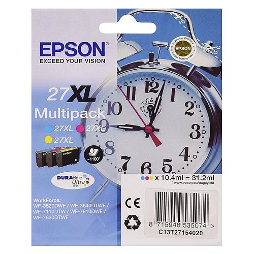 Epson Alarm Clock 27XL Cyan/Magenta/Yellow High Yield Inkjet Cartridges (Pack of 3) C13T27154010