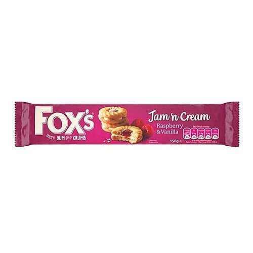 Fox's Biscuits Jam and Cream Rings Real Raspberry Jam. Deep Crunch, Sweet Raspberry Jam &Fluffy Vanilla Cream Squished Between Two Crumbly Shortcake Biscuits. Pack Of 1. Fox's Biscuits Jam and Cream Rings Real Raspberry Jam. Deep Crunch, Sweet Raspberry Jam &Fluffy Vanilla Cream Squished Between Two Crumbly Shortcake Biscuits. Pack Of 1.