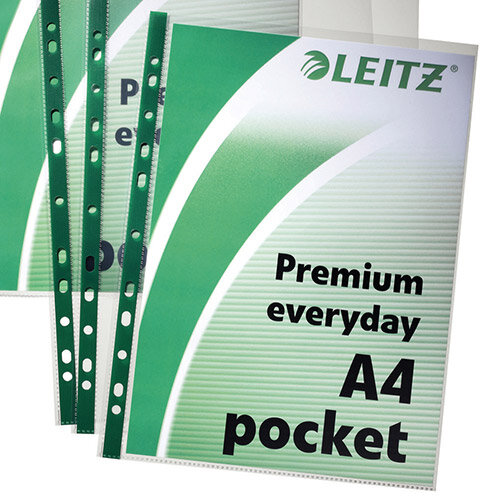 Leitz 47710002 A4 Pocket Multipunched Polypropylene with Green Strip Clear 80 Micron Pack of 100 Leitz 47710002 A4 Pocket Multipunched Polypropylene with Green Strip Clear 80 Micron Pack of 100