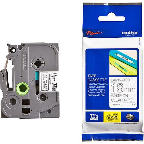 Brother P-touch TZe-145 18mm x 8m White On Clear Laminated Labelling Tape Brother P-touch TZe-145 18mm x 8m White On Clear Laminated Labelling Tape