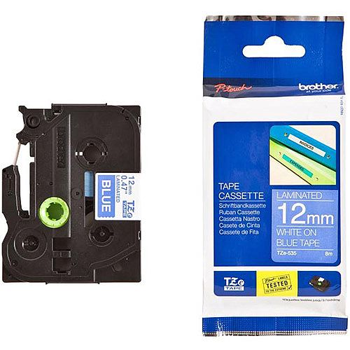 Brother P-touch TZe-535 12mm x 8m White On Blue Laminated Labelling Tape Brother P-touch TZe-535 12mm x 8m White On Blue Laminated Labelling Tape