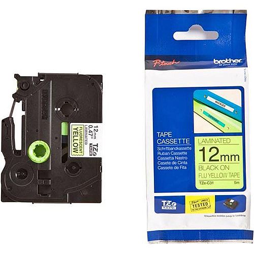 Brother P-touch TZe-C31 12mm x 5m Black On Fluorescent Yellow Laminated Labelling Tape Brother P-touch TZe-C31 12mm x 5m Black On Fluorescent Yellow Laminated Labelling Tape