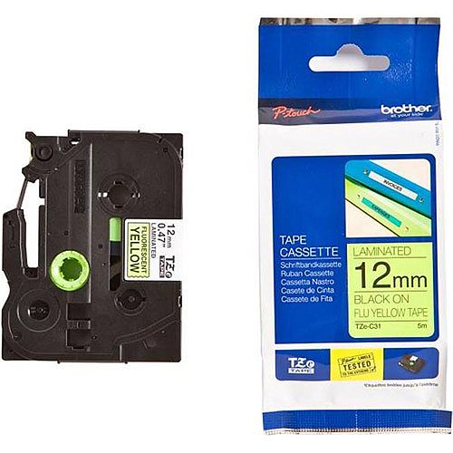 Brother P-touch TZe-C31 12mm x 5m Black On Fluorescent Yellow Laminated Labelling Tape