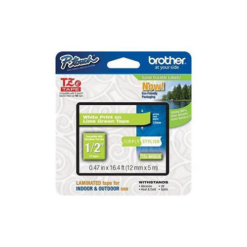 Brother P-touch TZe-MQG35 12mm x 5m White On Lime Green Matt Laminated Labelling Tape Brother P-touch TZe-MQG35 12mm x 5m White On Lime Green Matt Laminated Labelling Tape