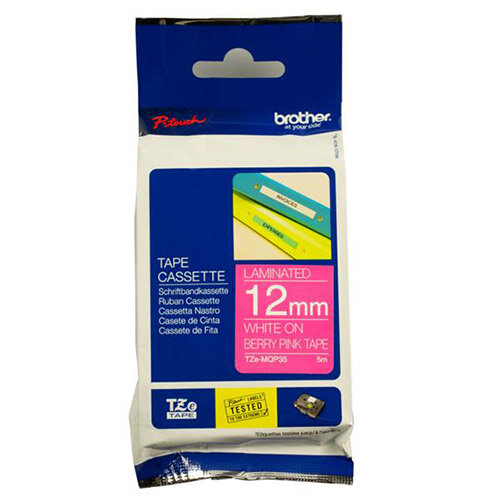 Brother P-touch TZe-MQP35 12mm x 8m White On Berry Pink Matt Laminated Labelling Tape Brother P-touch TZe-MQP35 12mm x 8m White On Berry Pink Matt Laminated Labelling Tape