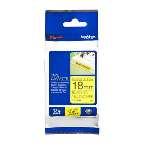 Brother P-touch TZe-S641 18mm x 8m Black On Yellow Strong Adhesive Laminated Labelling Tape